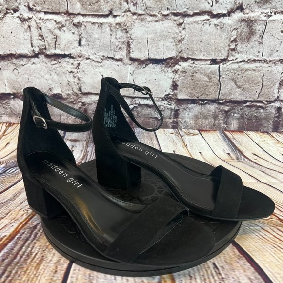 Madden Girl Solid Black Open Toe Adjustable Ankle Strap Block High Heels 6 M - Picture 9 of 9